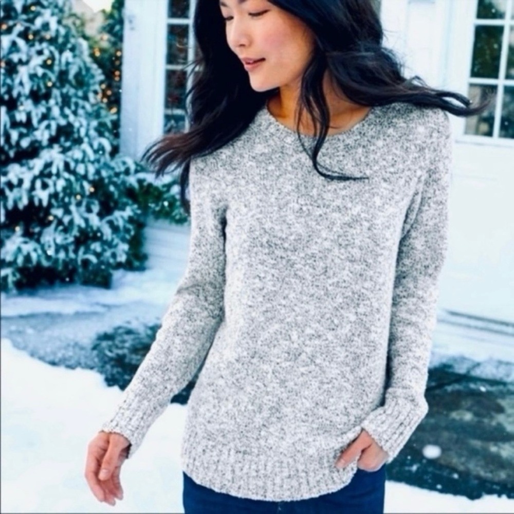 LL Bean Ivory Blue Marled Cotton Ragg Crew Neck Pullover Sweater SMALL PETITE